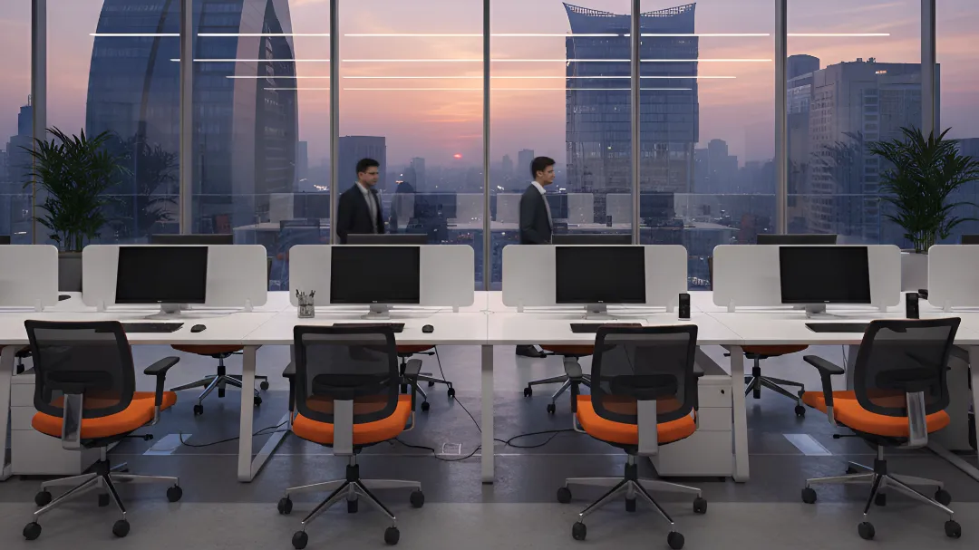 Modern corporate office interior design featuring ergonomic mesh chairs in a Delhi NCR office space.